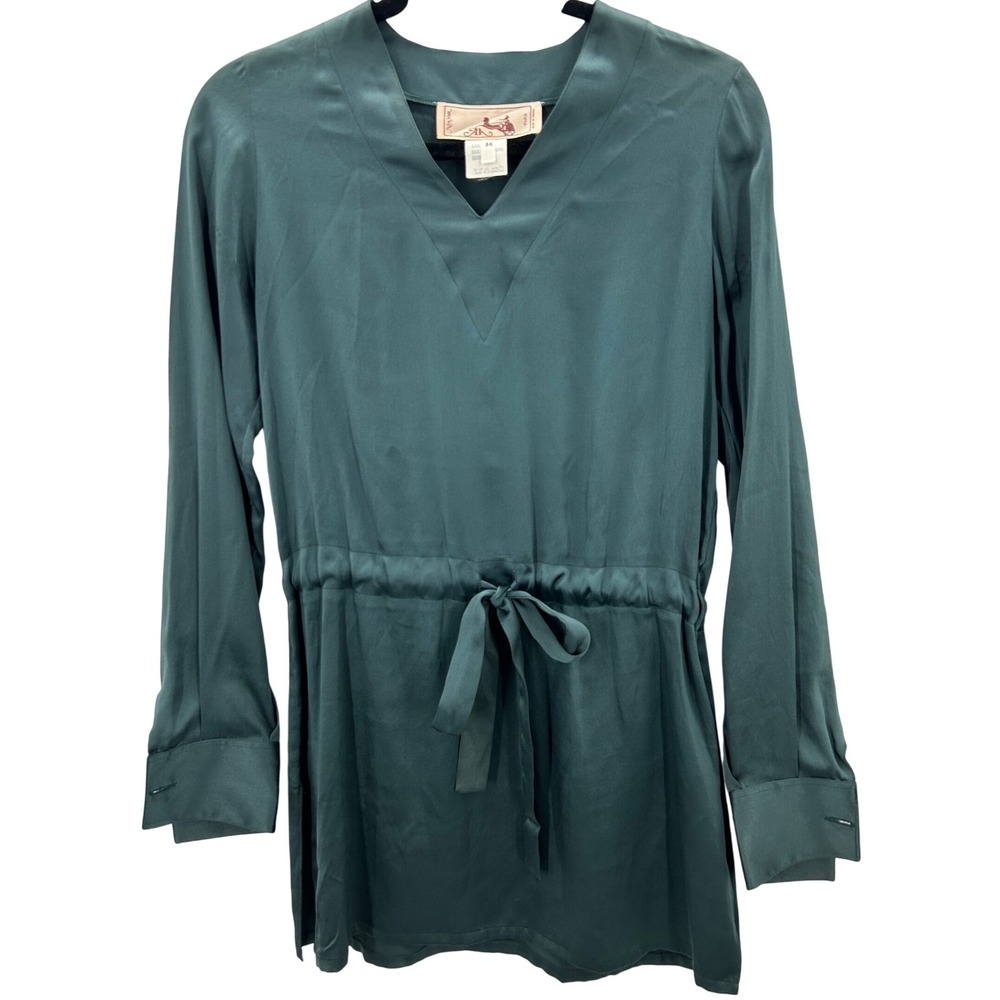 VTG Paris France Green Silk V Neck Long Sleeve Tie Waist Tunic Shirt Size‎ 36 XS